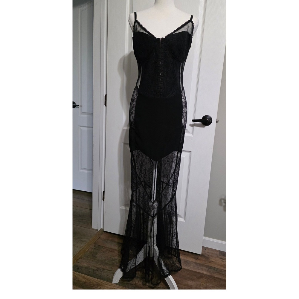 Forever 21 Women XL Black Sheer Lace Corset Midi Gown Goth Glam Romantic Elvira